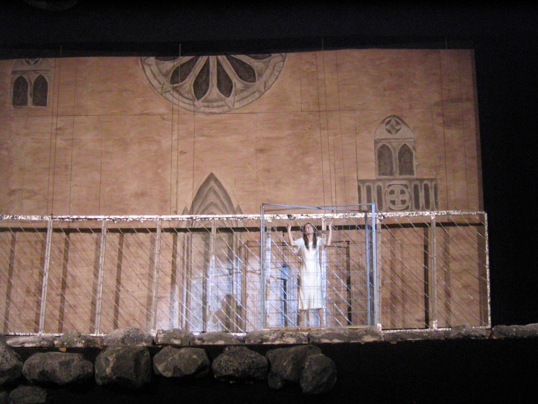 Quasimodo in alto su una torre guarda verso Esmeralda chiusa nella gabbia